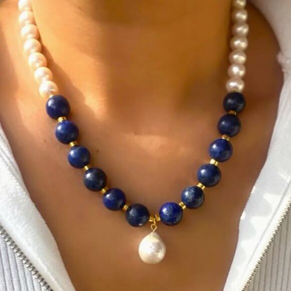 NEW Classic Pearl and Lapis Blue Beaded Drop Necklace - Picture 2 of 5